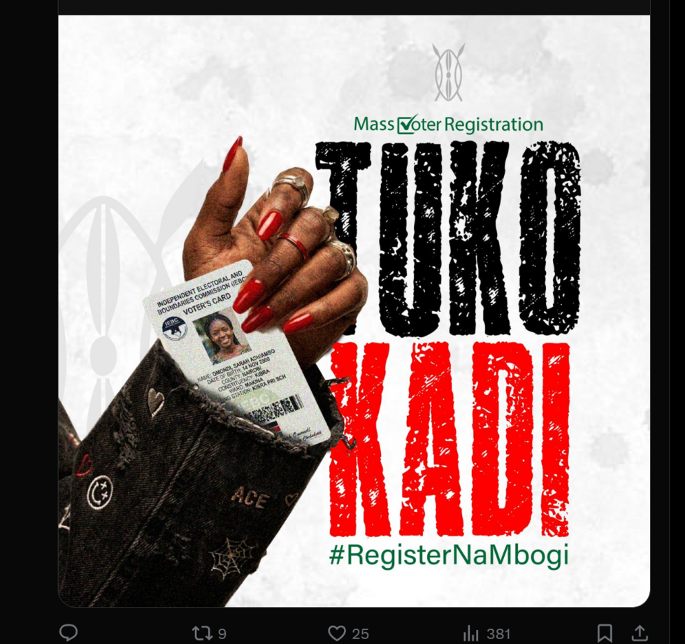 ภาพหน้าจอของโปสเตอร์แคมเปญเรียกร้องให้ชาวเคนยาลงทะเบียนเลือกตั้ง