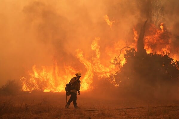 นักดับเพลิงต่อสู้กับไฟป่าแคนยอน (Canyon Fire) เมื่อวันที่ 7 สิงหาคม พ.ศ. 2568 ที่หุบเขาแฮสลีย์ รัฐแคลิฟอร์เนีย (AP Photo/Marcio Jose Sanchez, File)