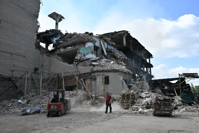A view shows a heavily damaged confectionery factory following a recent attack, which local Russian-installed officials called a Ukrainian strike, in the town of Gorlivka in the Donetsk region, Russian-controlled Ukraine, on July 17, 2026, amid the ongoing Russian-Ukrainian conflict.