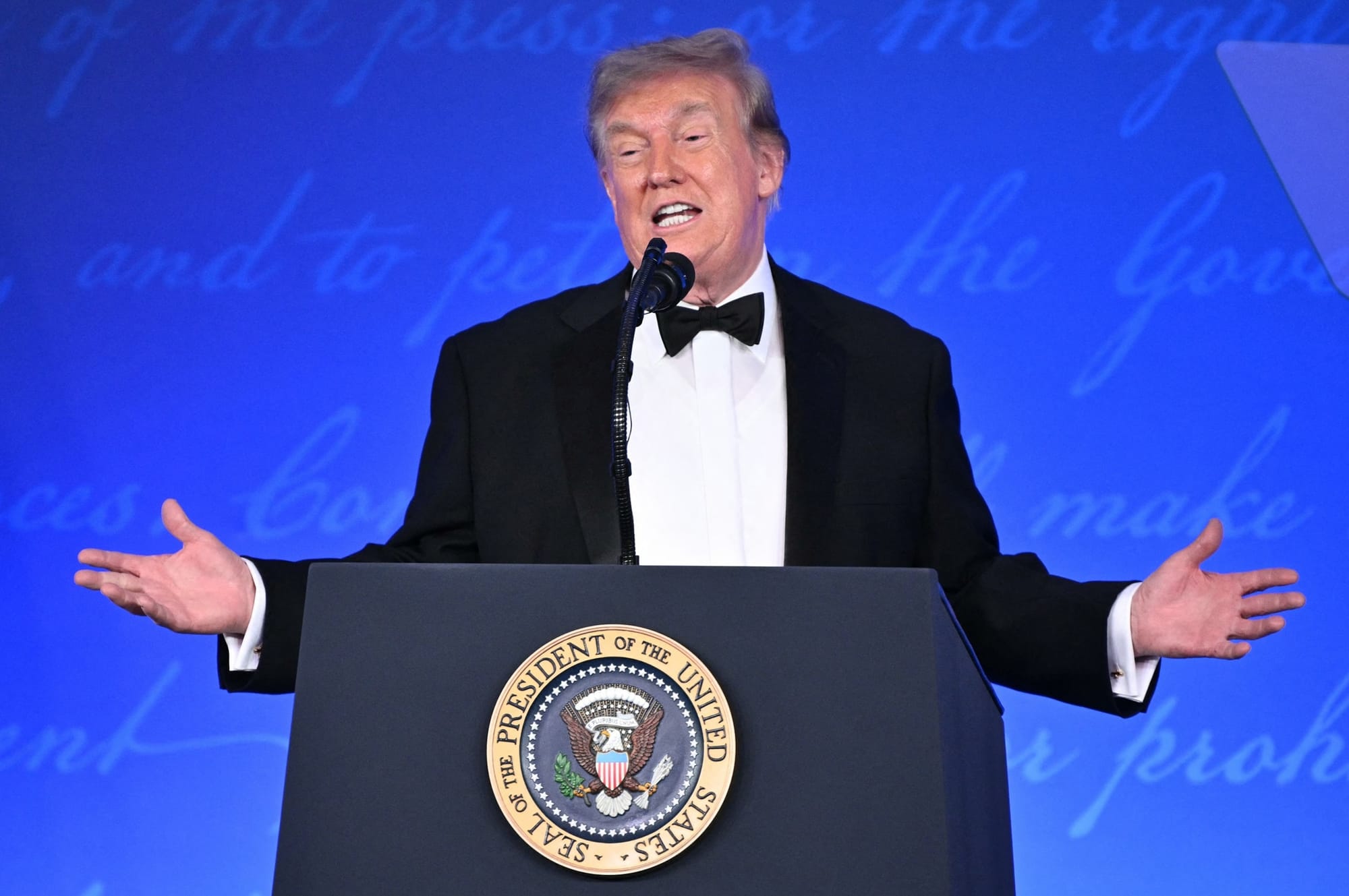 President Donald Trump speaks during the 2026 White House Correspondents' Association Dinner at the Waldorf Astoria