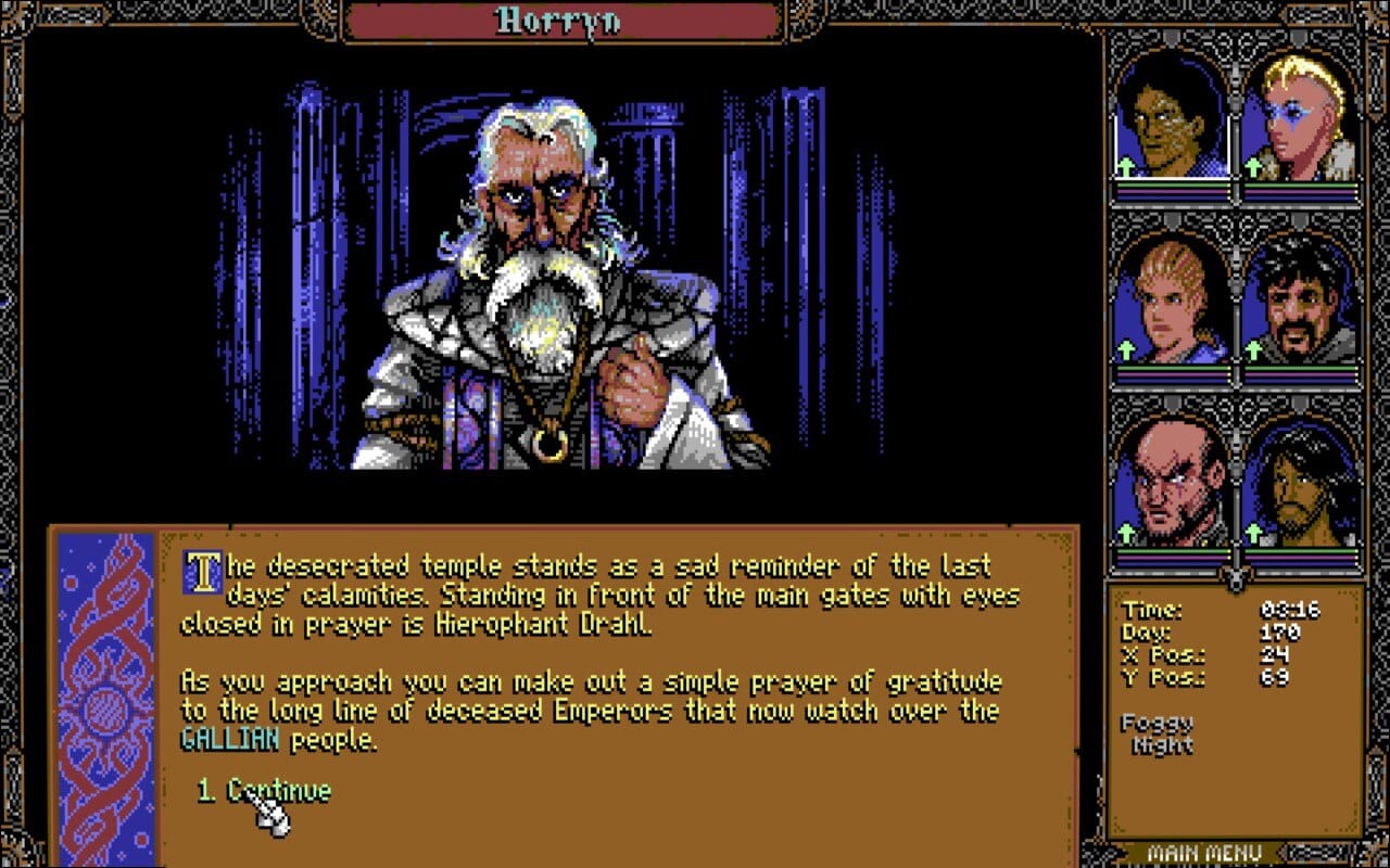 Skald dialogue screen with wizened old man