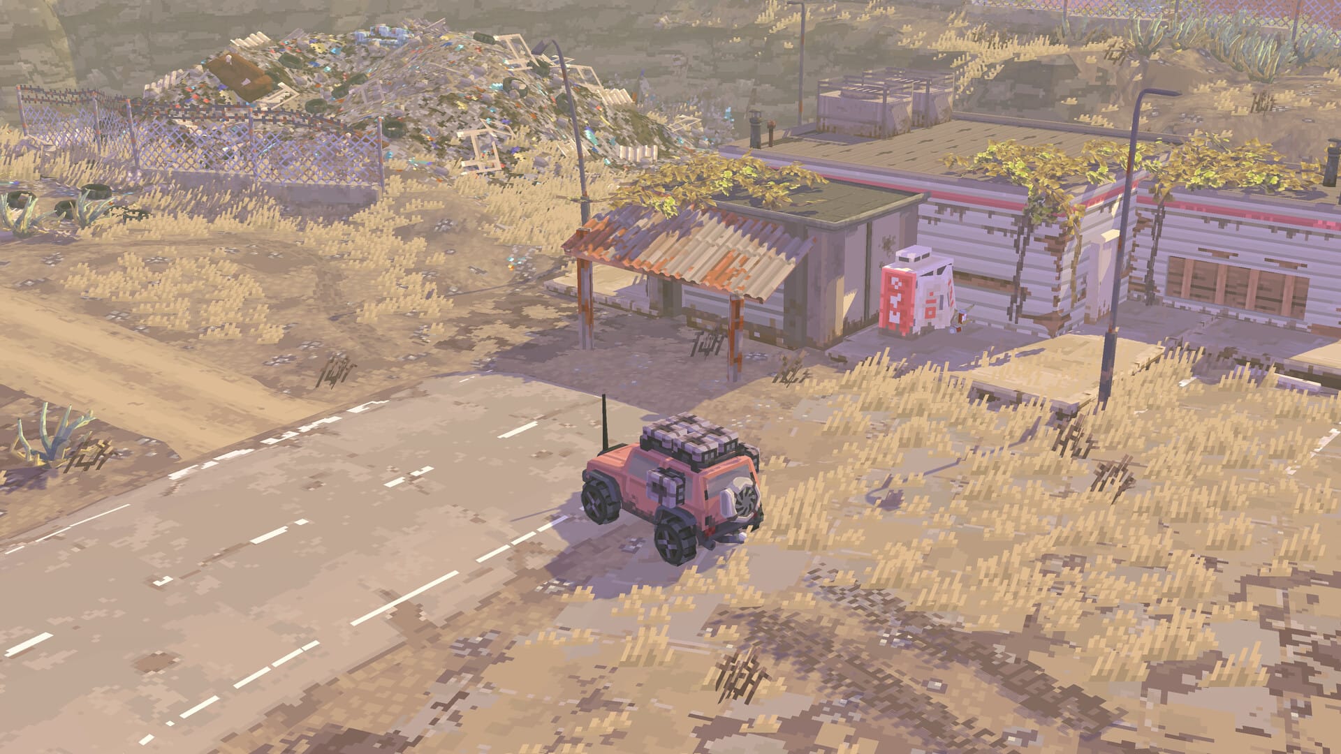 A small, pixelated truck on the road outside an overgrown gas station