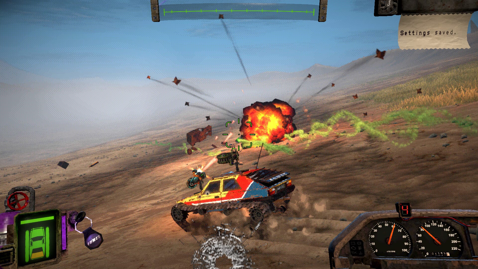 A car with tracks firing machine guns at a rival car