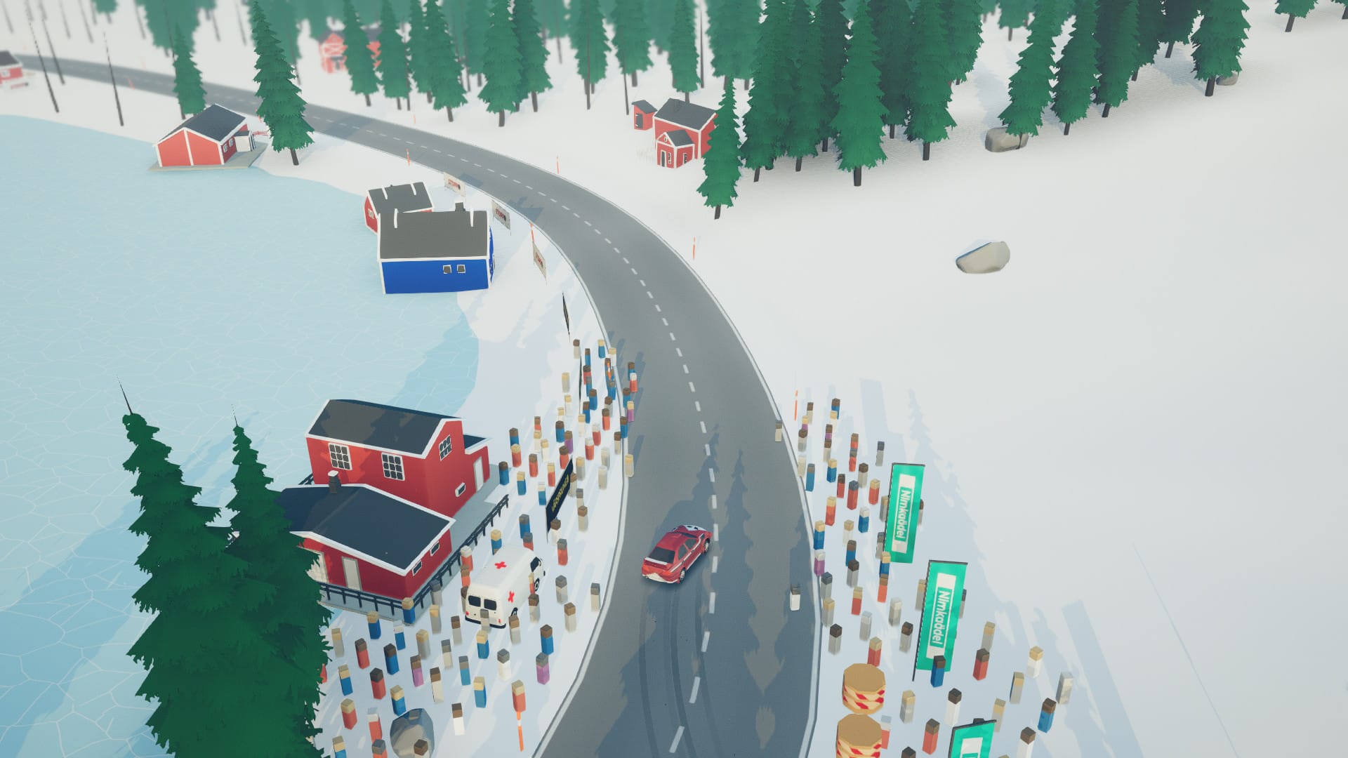 An isometric view of a red rally car driving down a road in a snow-covered environment