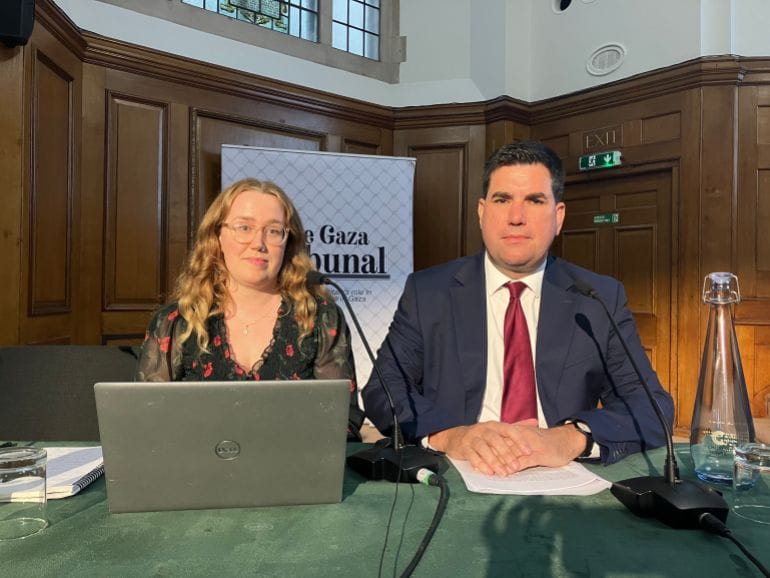 MP Richard Burgon is pictured with Katie Fallon of the Campaign Against Arms Trade at an event in London examining Israeli war crimes in Gaza