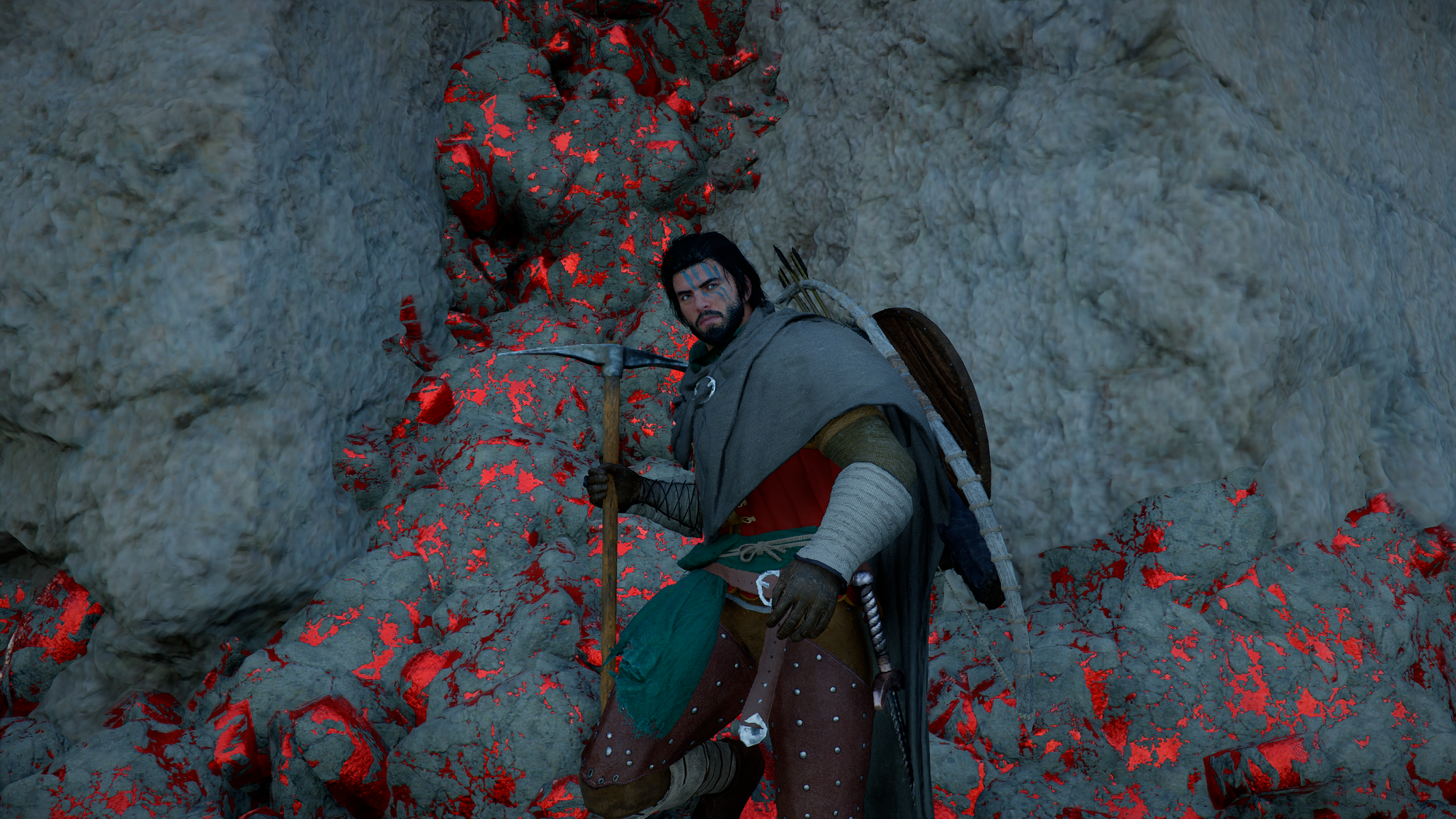คลิฟฟ์ยืนข้างแหล่งแร่สีแดงบนหน้าผา ถือพลั่วขุดแร่ใน Crimson Desert