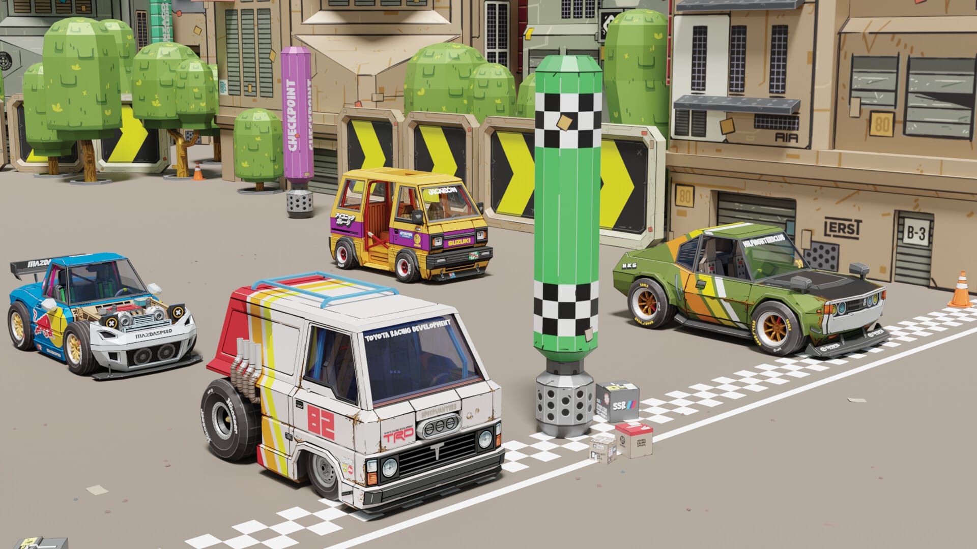 Four blocky, retro cars by the starting line of a race