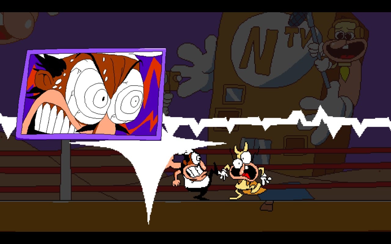 A screenshot of Pizza Tower where Peppino is fighting The Noise