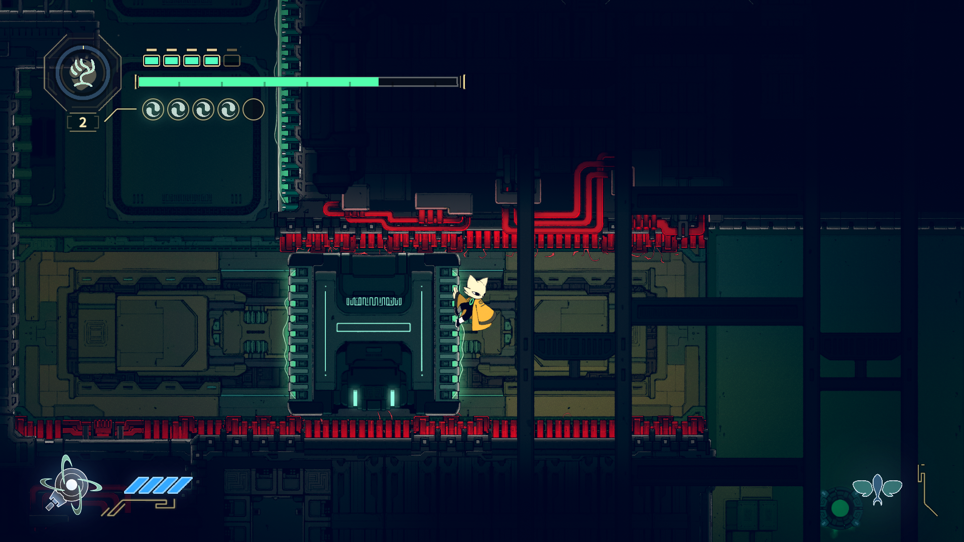 Yi platforming through the underground complex in Nine Sols