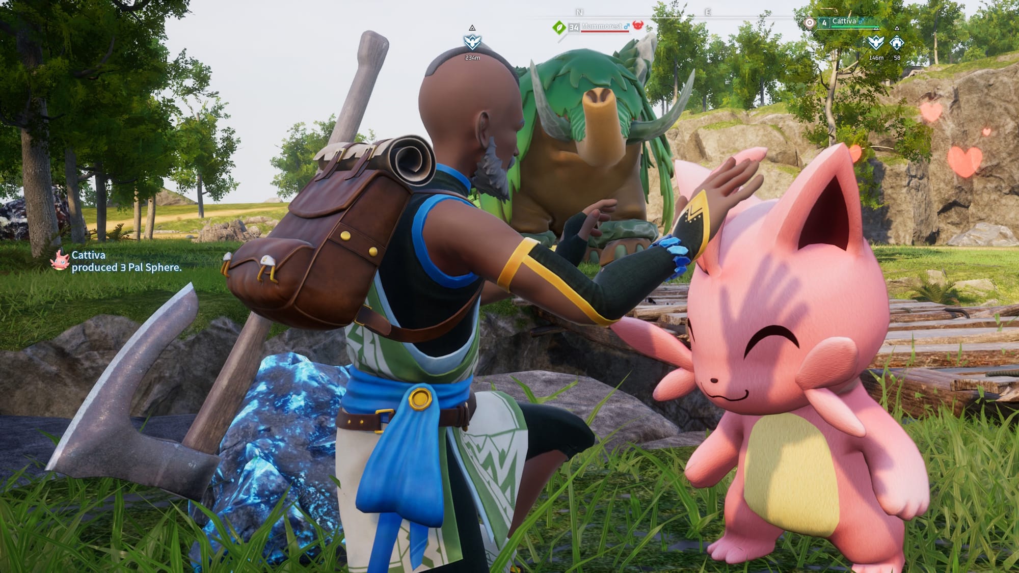 ภาพหน้าจอเกม Palworld - ผู้ชายถือขวานลูบหัวตัว Pal