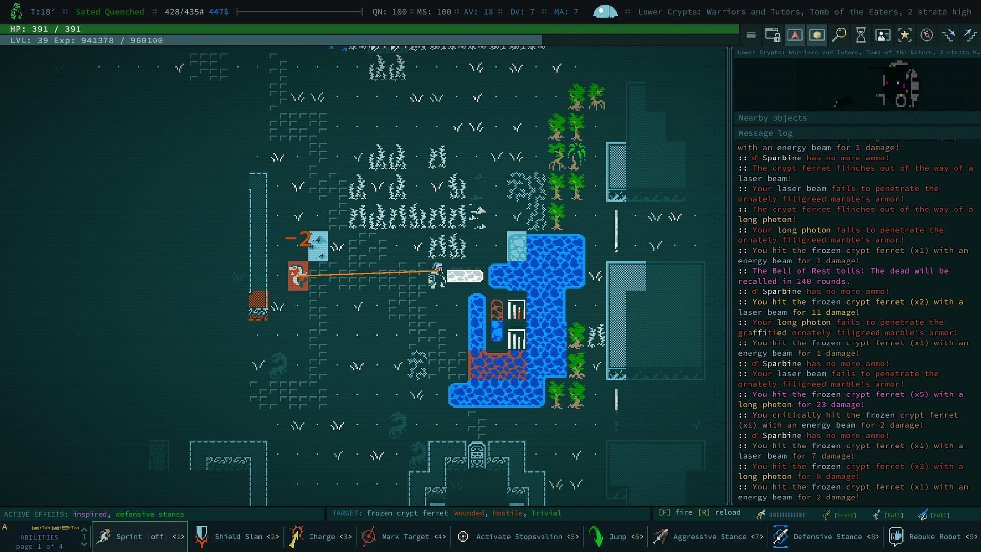 The player characters fires an energy weapon at a crypt ferret in Caves of Qud