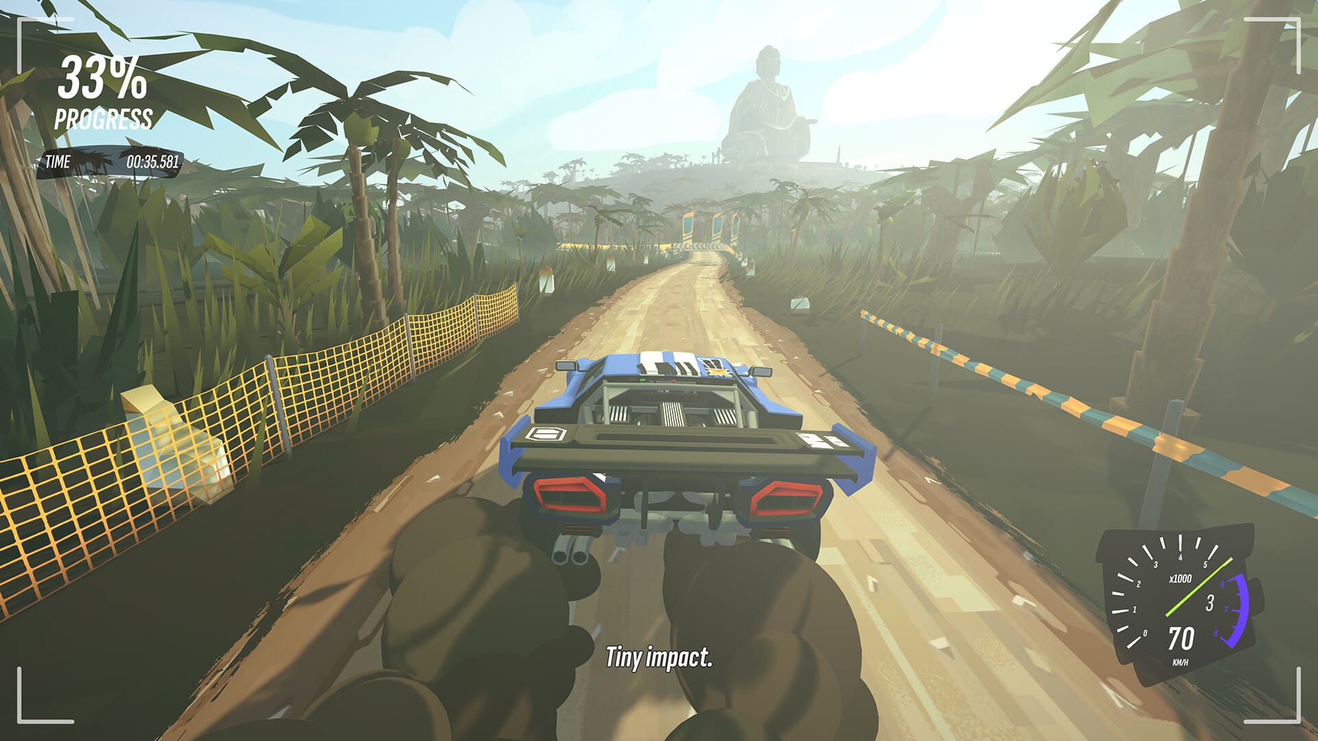 A blue rally car in #DRIVE Rally racing down a dirt road