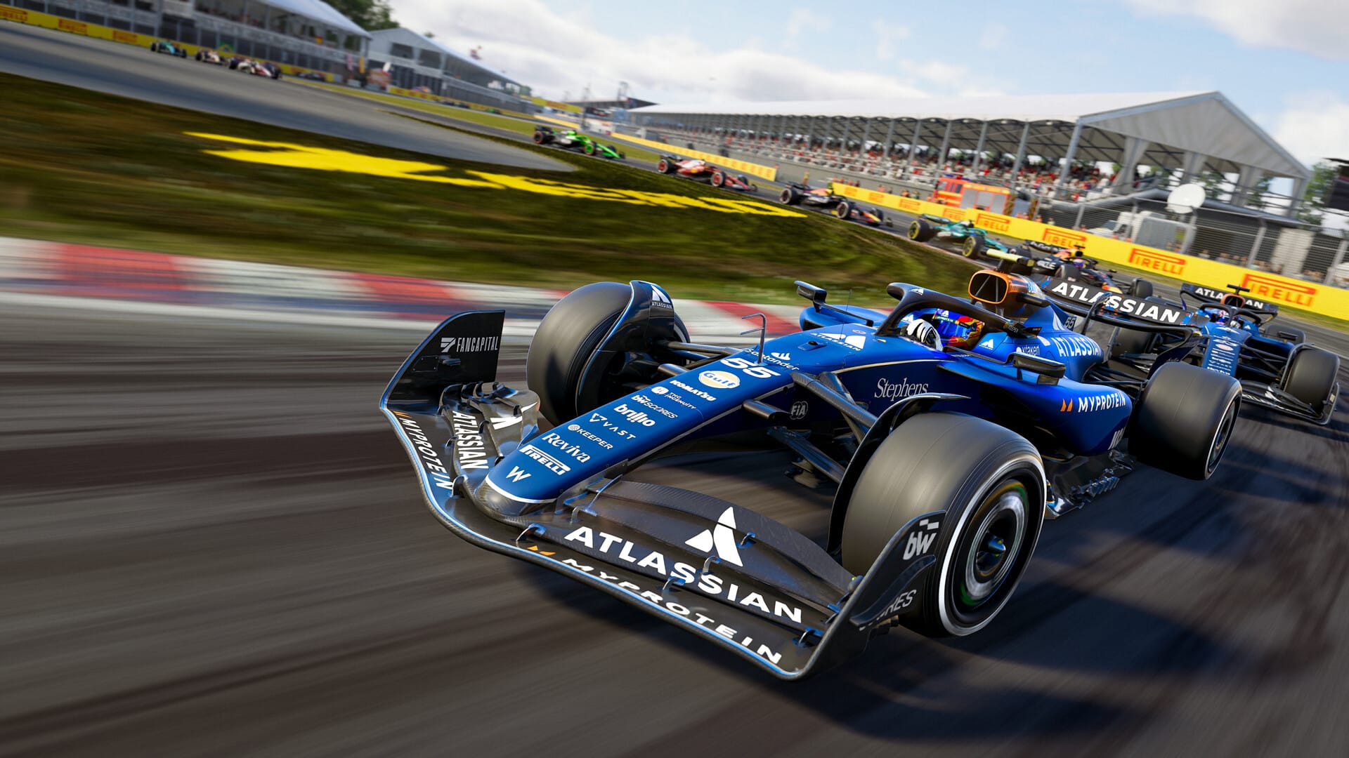 F1 25: A blue F1 car racing around a bend