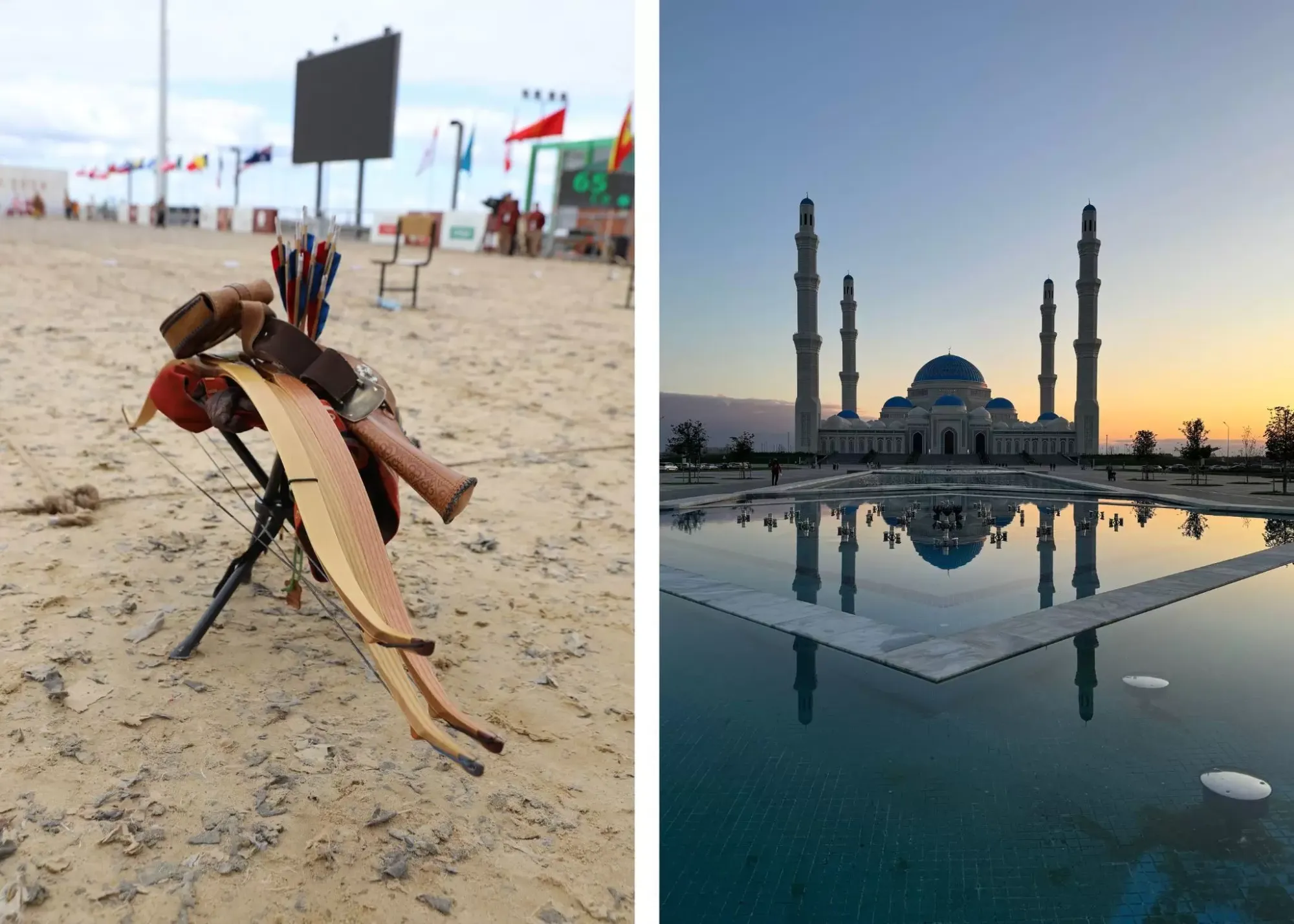 Wooden bows and arrows on the arena surface, and Astana Grand Mosque