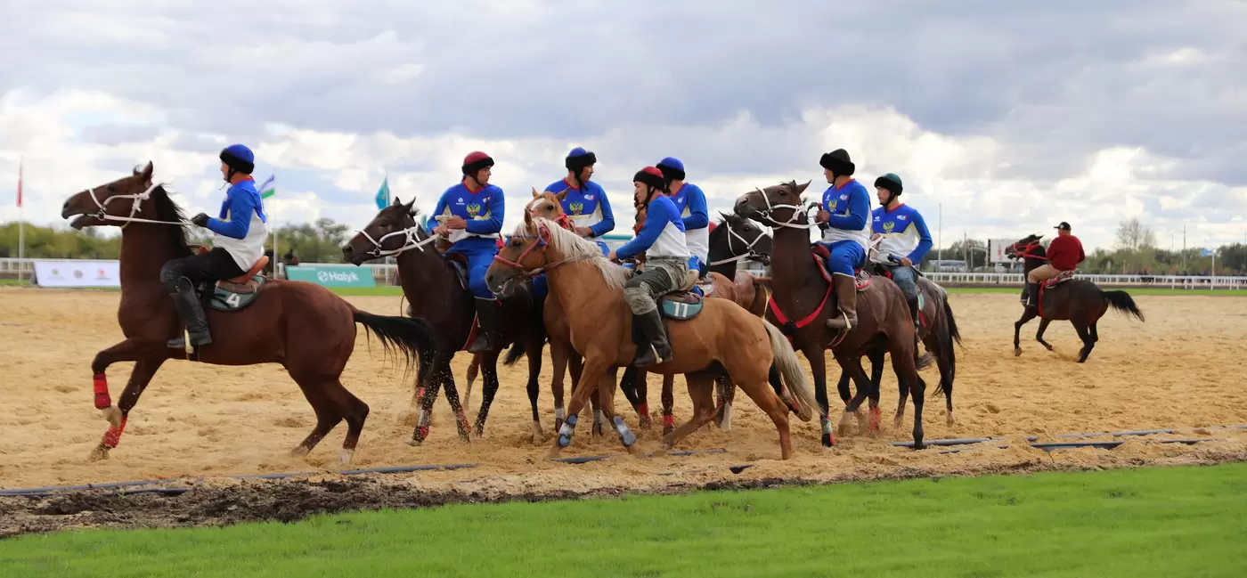People on horseback prepare to take part in a contest at the World Nomad Games