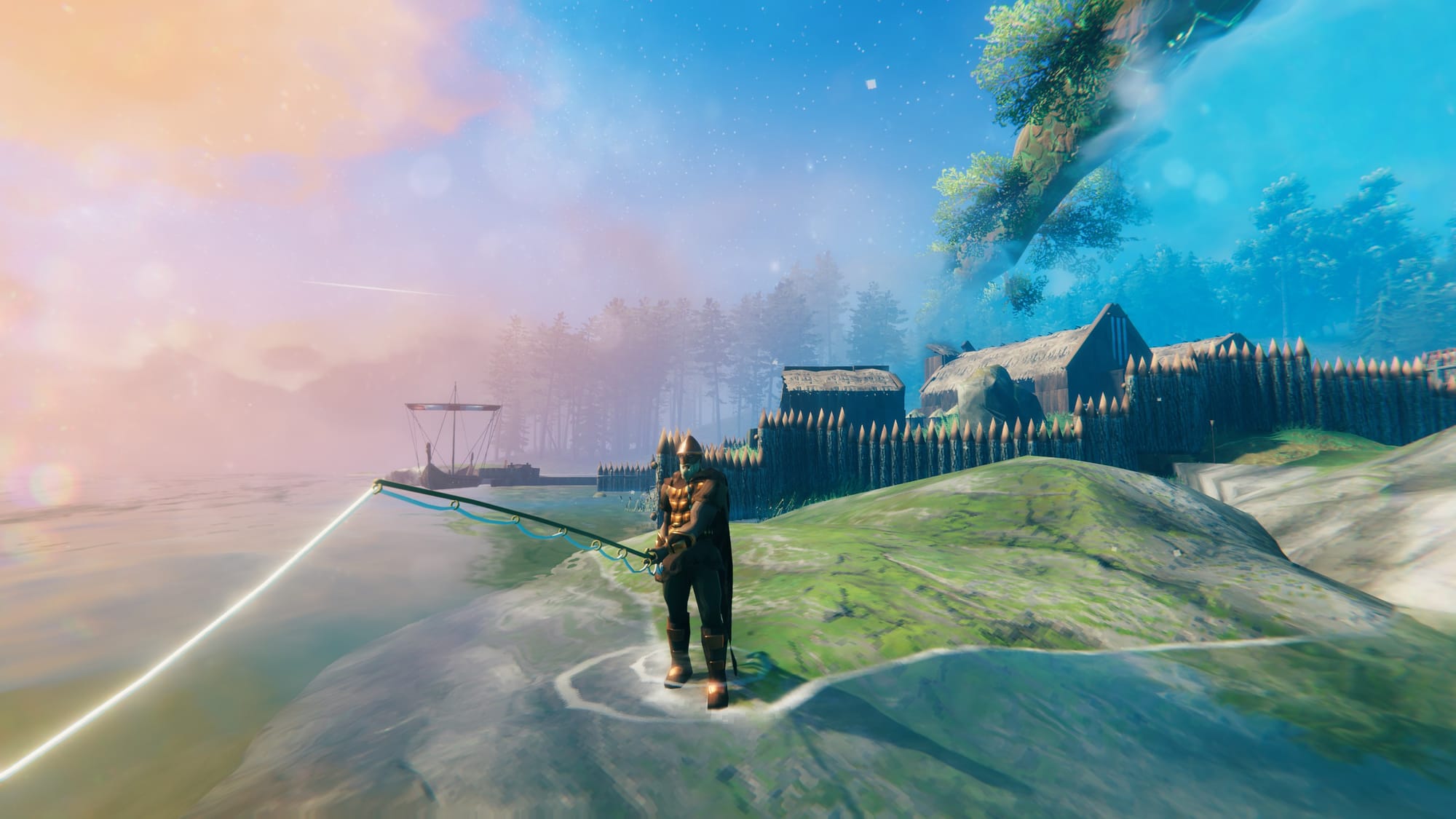 ชาวไวกิ้งตกปลาใกล้ป้อมปราการในเกม Valheim