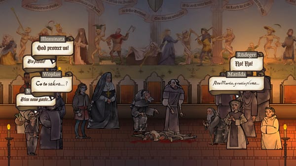 An image from Pentiment showing the monks discovering the noble's body