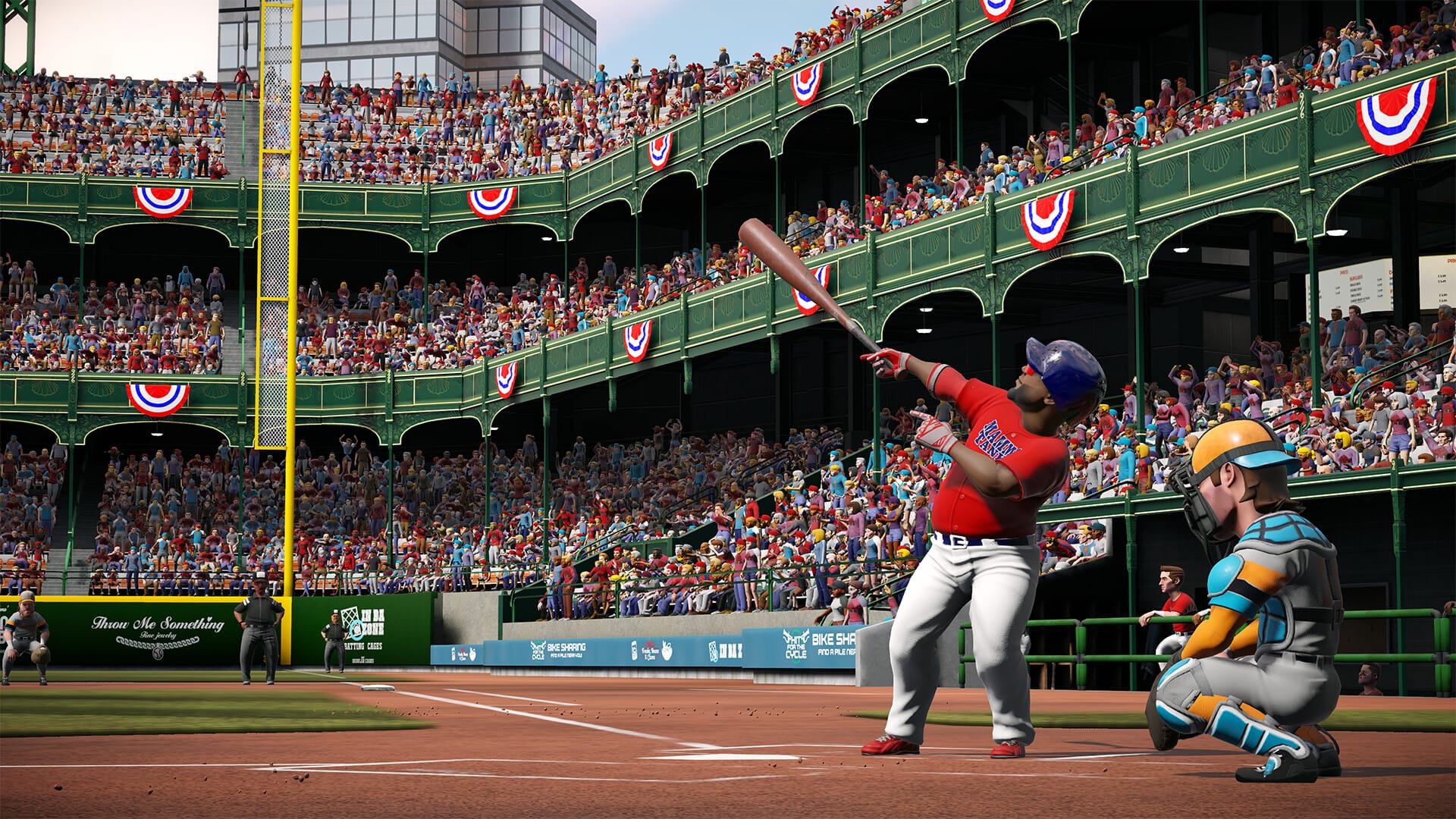 In a gross display of hubris, one of the cartoonish ballplayers of Super Mega Baseball 4 points his bat skyward