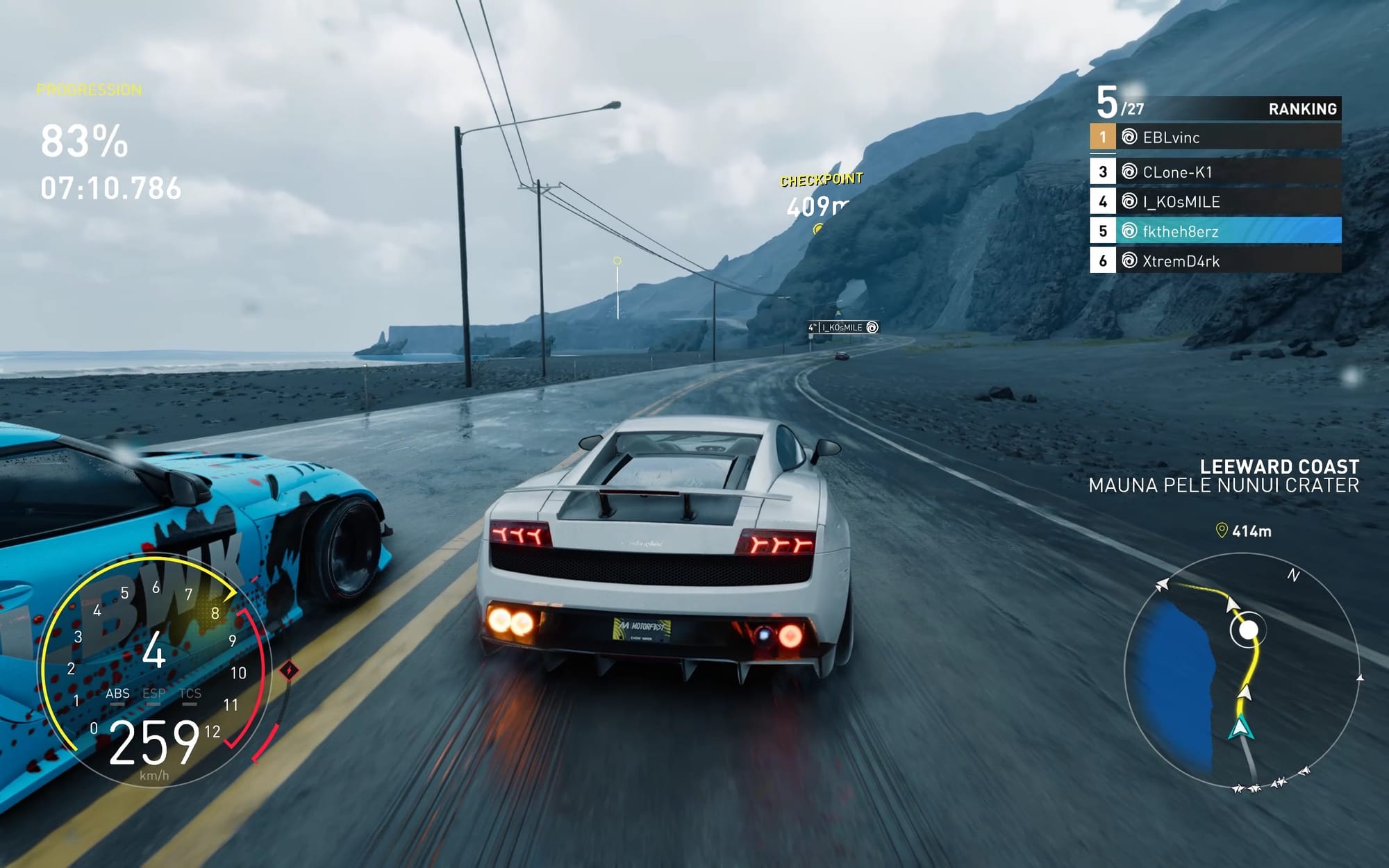 A car race on an overcast day in The Crew Motorfest