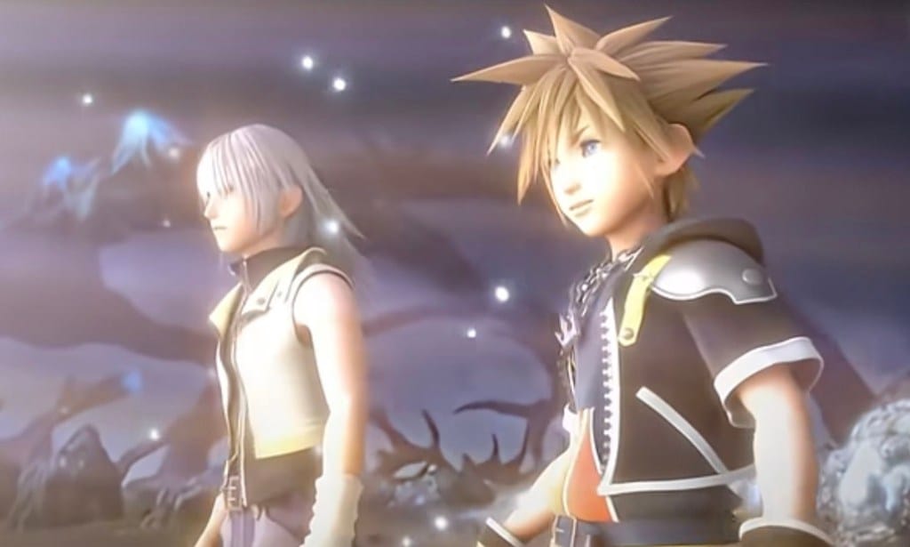ภาพประกอบตัวละครโซระและริขุจากเกม Kingdom Hearts II ยืนอยู่ในฉากคล้ายความฝัน