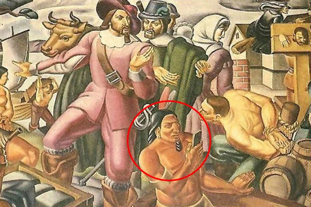 Illustration of a diverse group of people, with a Native American man wearing a necklace highlighted in a red circle.