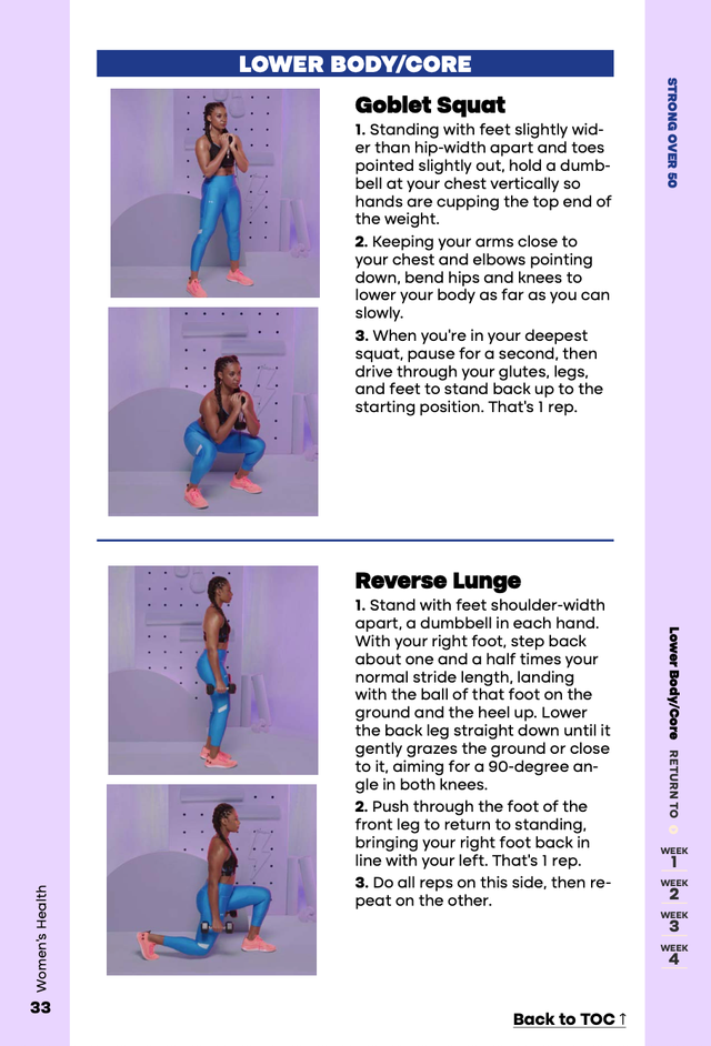 Demonstration of goblet squat and reverse lunge exercises with proper form and technique.