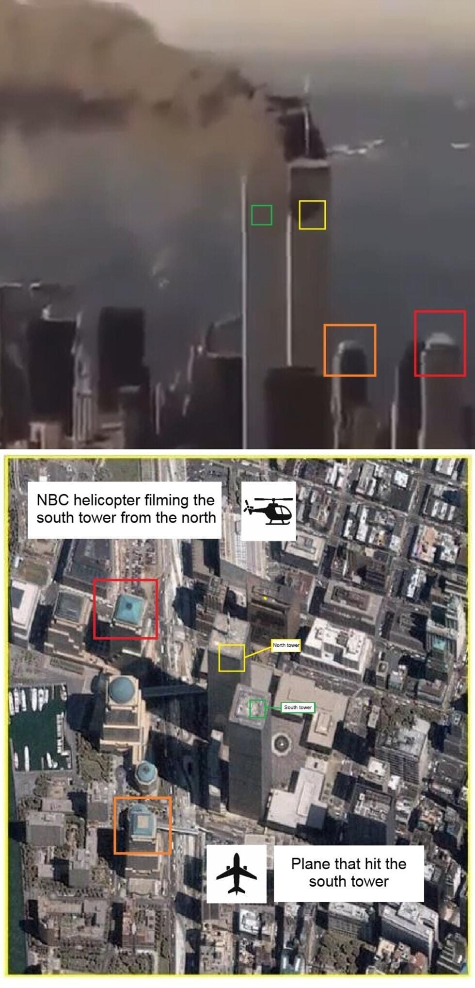 ภาพด้านบนแสดงตำแหน่งเฮลิคอปเตอร์ NBC ที่ถ่ายเมื่อ 11 กันยายน 2001 และตำแหน่งเครื่องบินที่ชนตึก ด้านบนคือวิดีโอที่โพสต์เมื่อ 15 กันยายน 2026 ส่วนด้านล่างคือภาพถ่ายดาวเทียมของตึกแฝดก่อนเหตุ