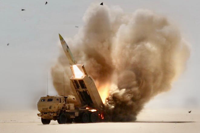 M142 High Mobility Artillery Rocket System (HIMARS) launching a missile during live-fire missions.