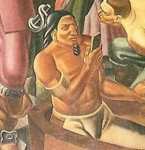 Illustration of an indigenous man holding a small, dark rectangular object, which some interpret as a smartphone, in the 1937 painting 