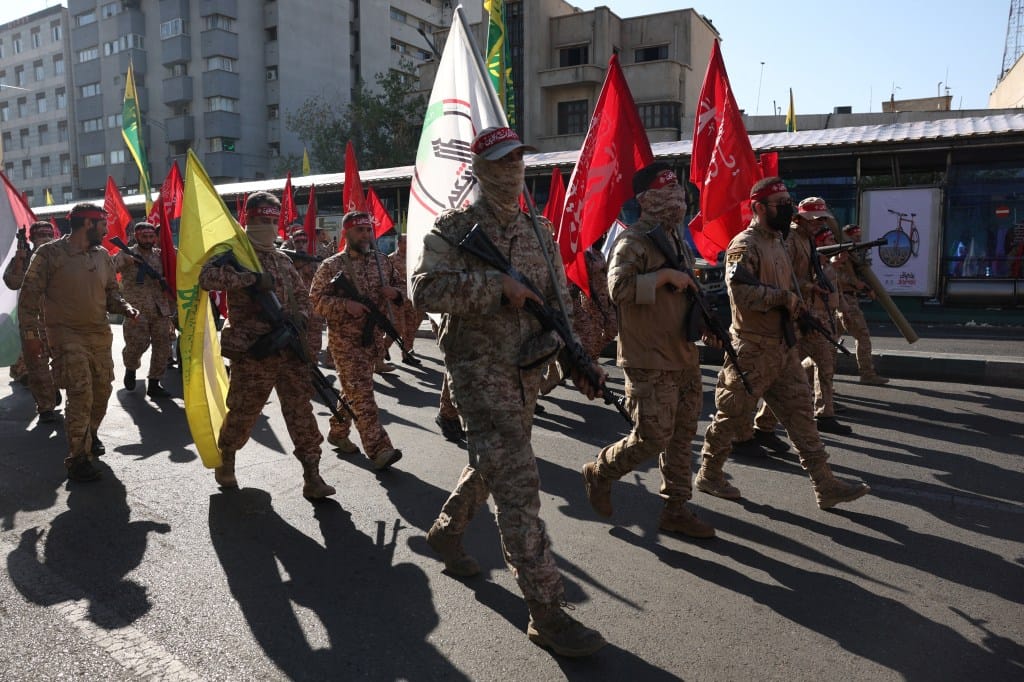 Members of Iranian militia forces, Basij, attend a military march in Tehran, Iran.