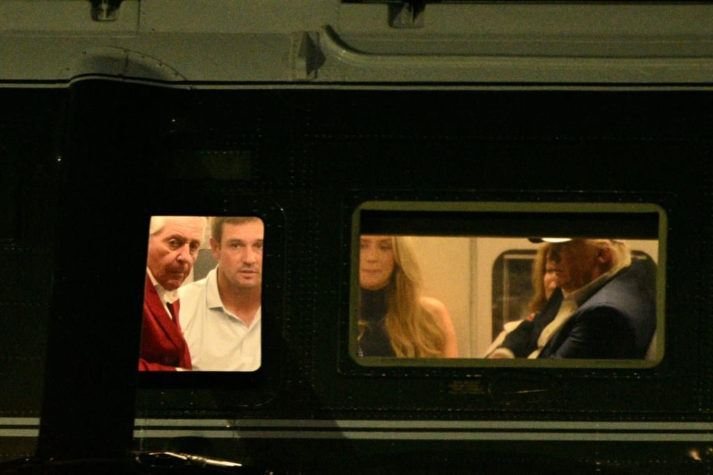 Donald Trump, Bryson DeChambeau, and Mikayla Demaiter aboard Marine One.